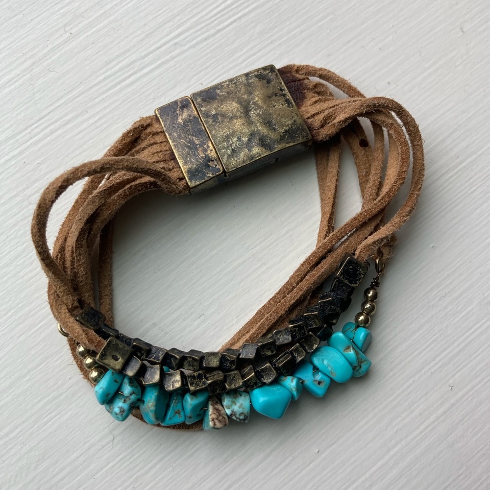 Boho Turquoise, Gold/Brass, and Leather Bracelet, Magnetic Closure